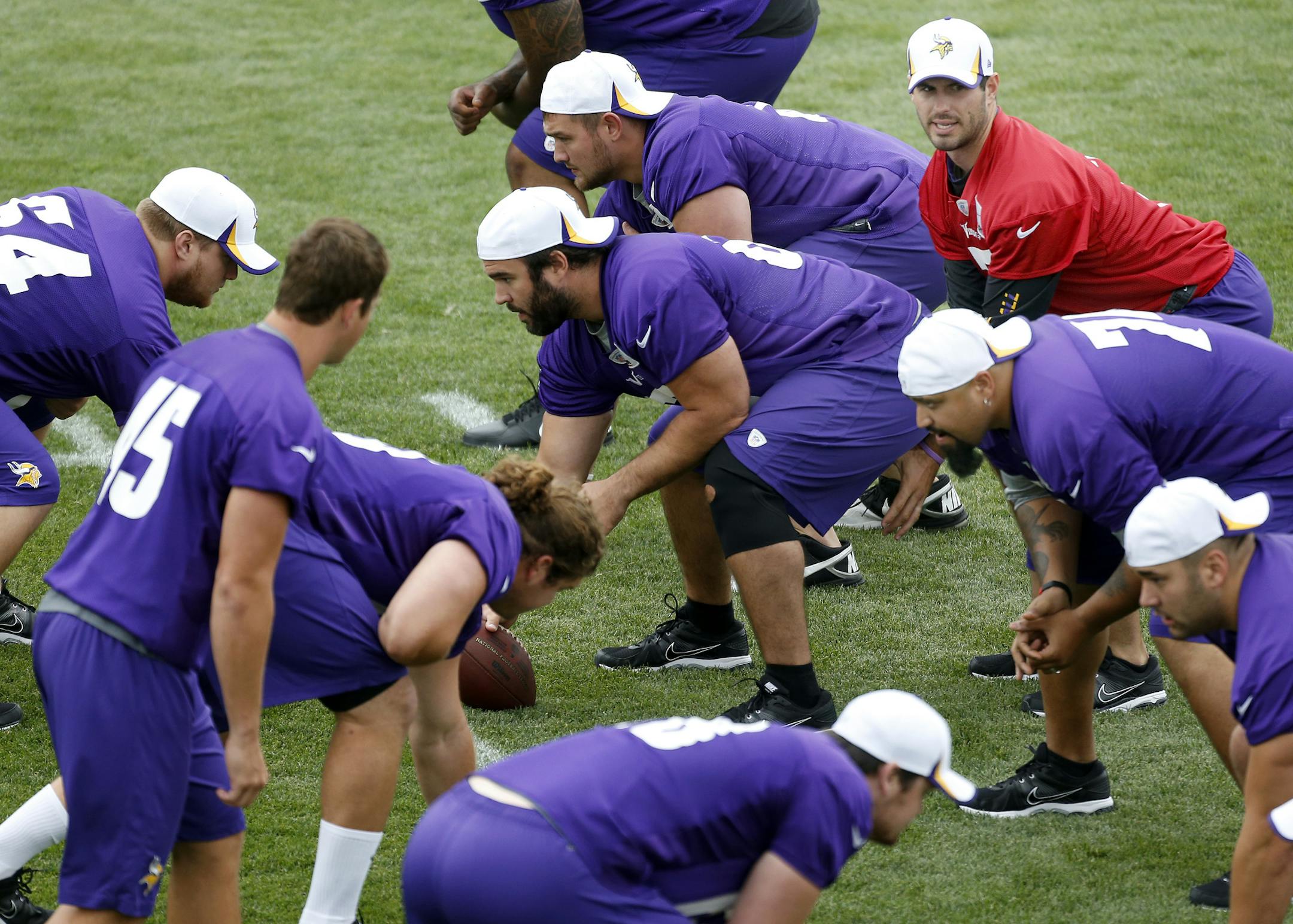 Minnesota Vikings quarterback Christian Ponder (7) surveyed the field during morning practice on Friday. ] CARLOS GONZALEZ cgonzalez@startribune.com July 26, 2013, Minnesota Vikings Training Camp, Mankato, Minn., Minnesota State University, Mankato ‚Äì Morning practice