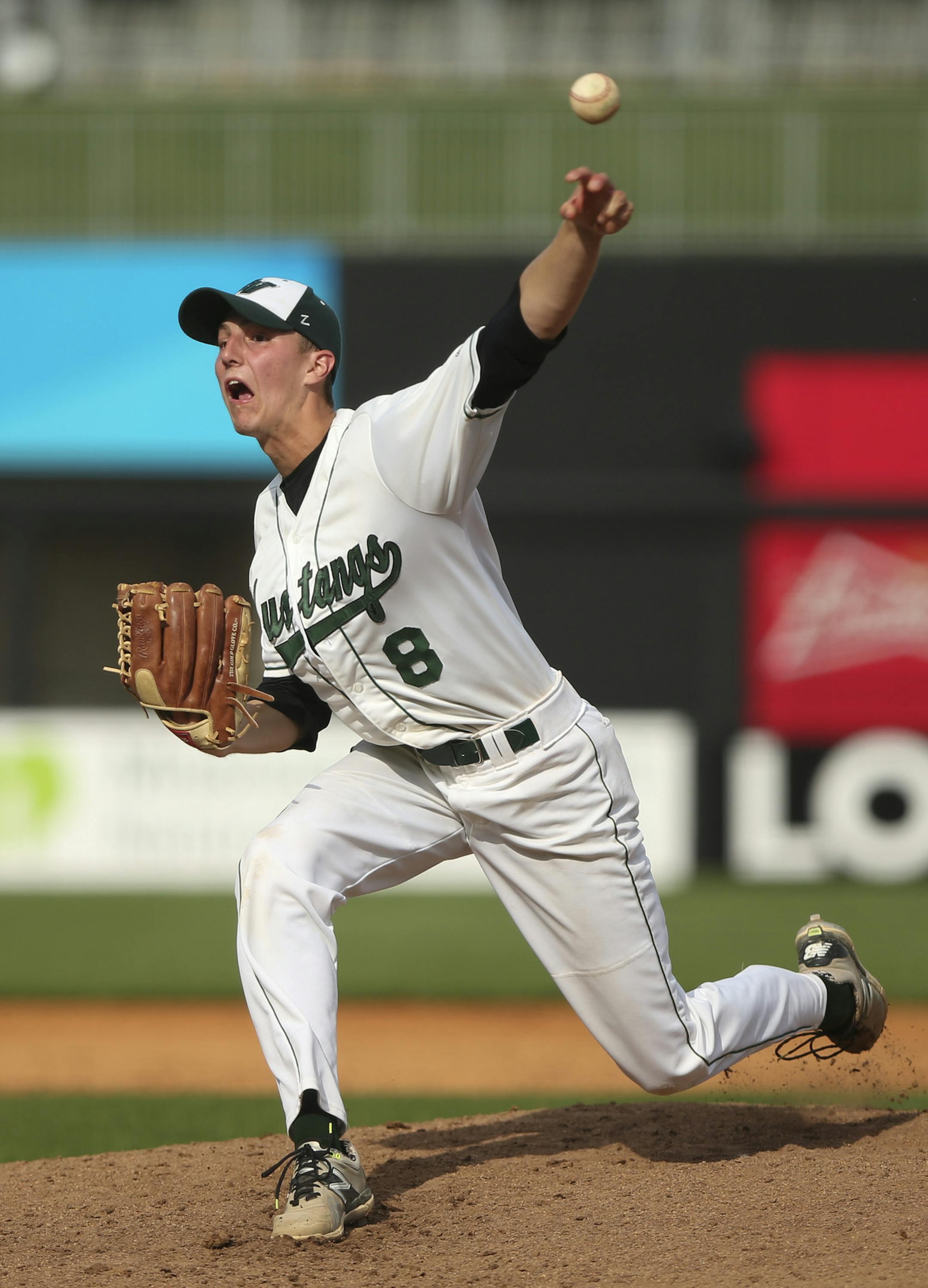 Mounds View pitcher Henry DeCaster throwing in the 7th inning against Centennial with the score tied 4-4 Thursday afternoon at CHS Field in St. Paul. ] JEFF WHEELER ï jeff.wheeler@startribune.com Mounds View beat Centennial 5-4 to win the Section 5, Class 3A baseball tournament championship Thursday afternoon, June 4, 2015 at CHS Field in St. Paul.