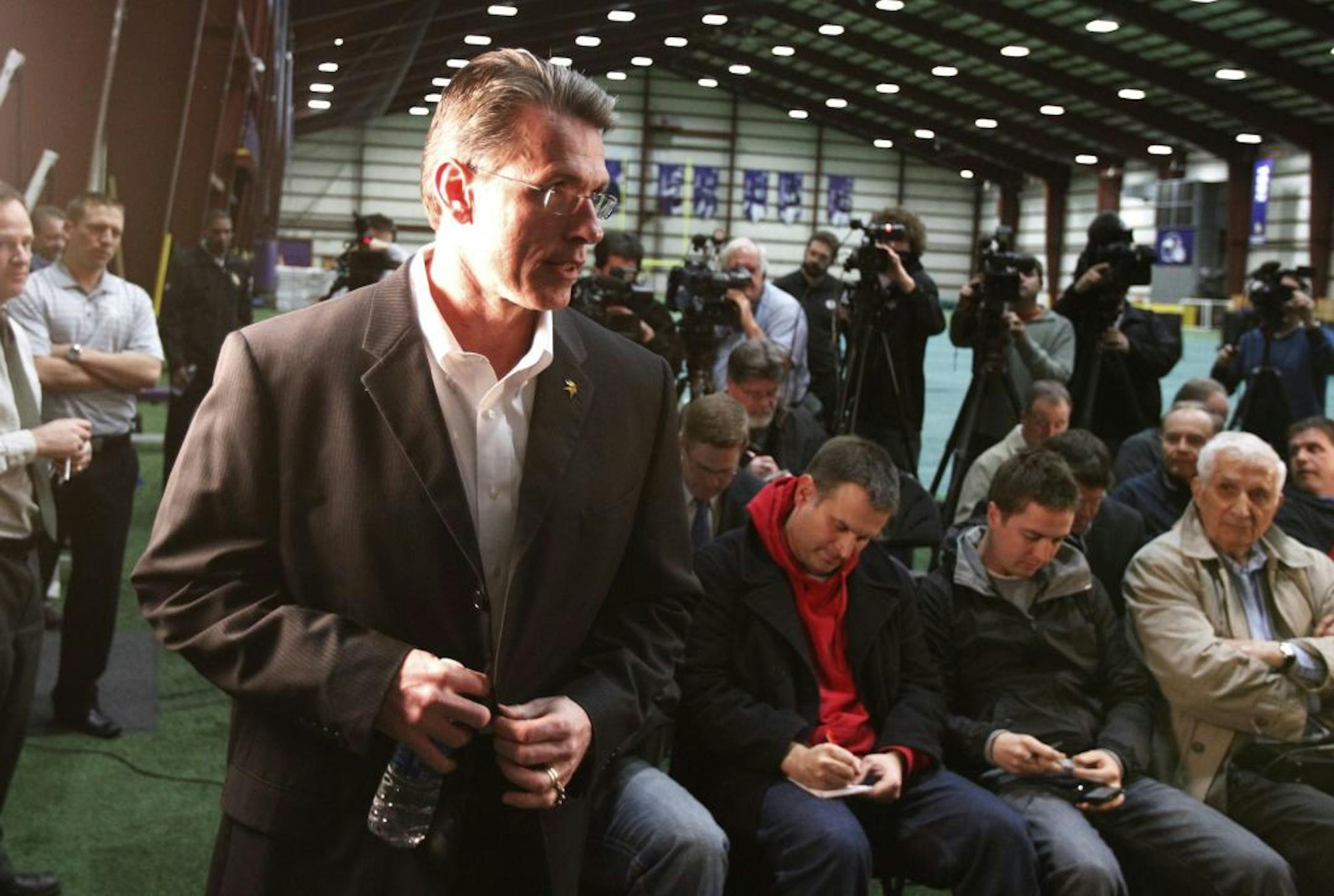 Rick Spielman, the Vikings' vice president of player personnel, prepared to address the media Tuesday at Winter Park.