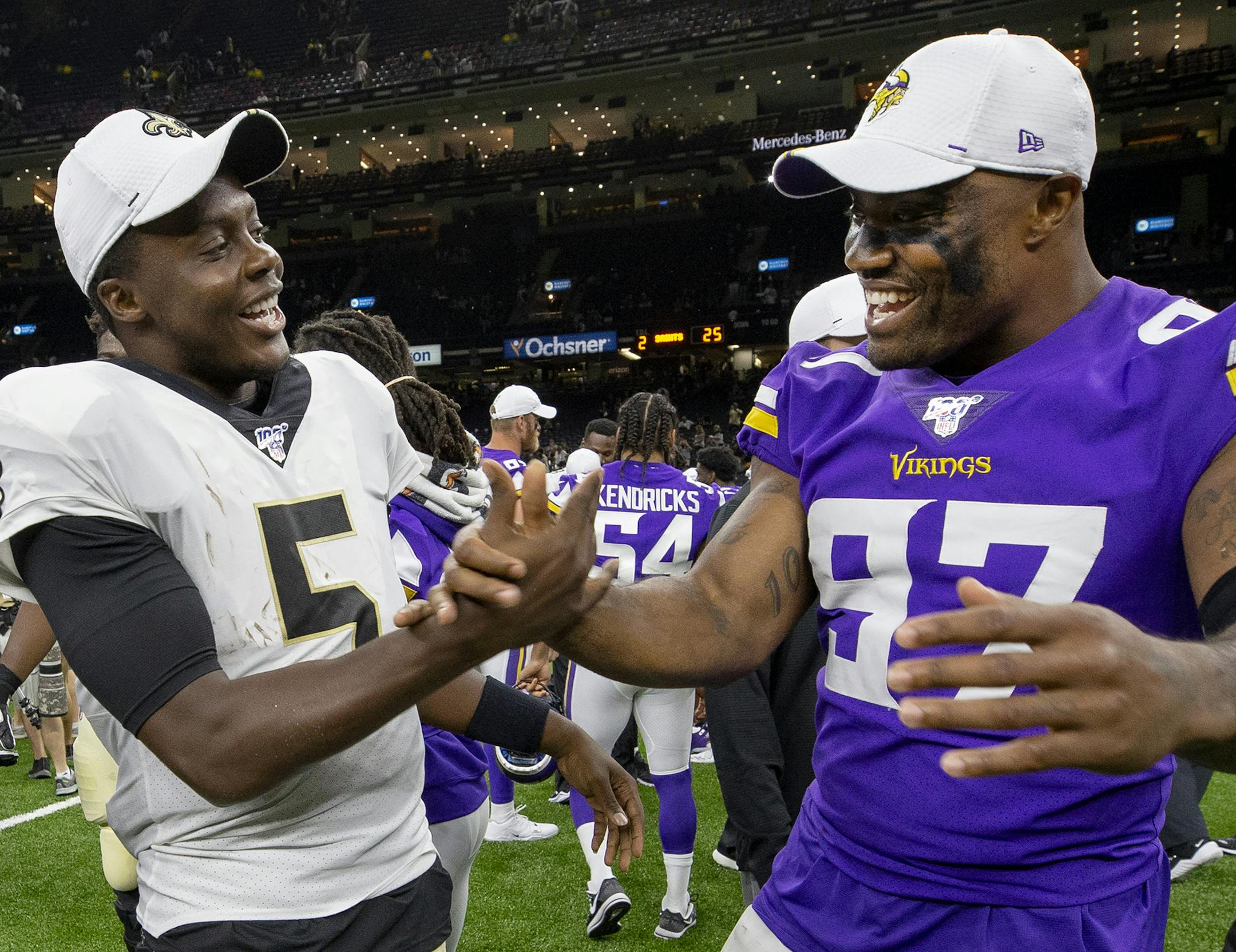 Saints quarterback Teddy Bridgewater and Minnesota Vikings Everson Griffen greeted each other after the game. ] CARLOS GONZALEZ • cgonzalez@startribune.com – New Orleans, LA – August 9, 2019, Mercedes-Benz Superdome, NFL Preseason, Minnesota Vikings vs. New Orleans Saints