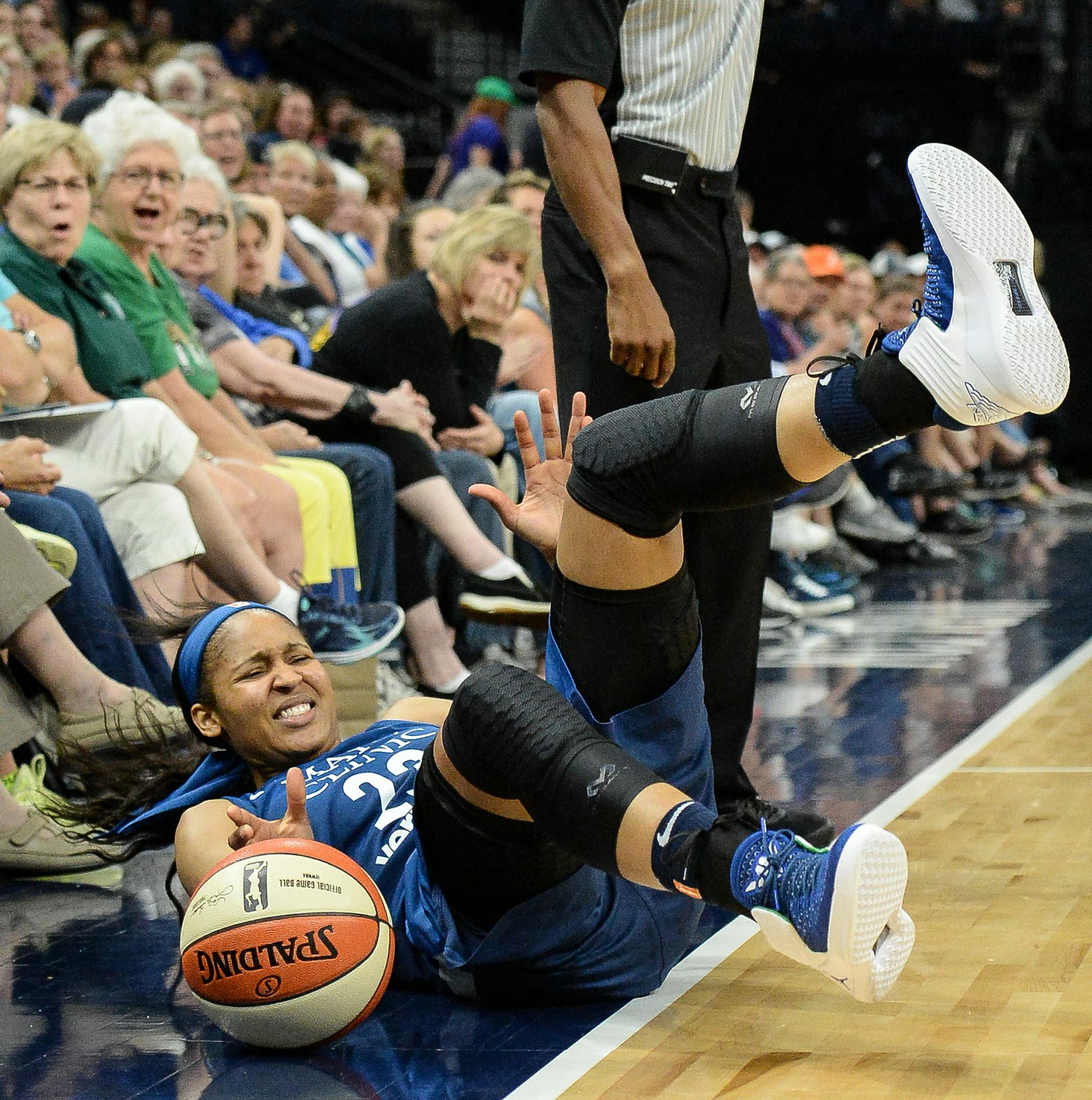 Minnesota Lynx forward Maya Moore (23) fell out of bounds while chasing the ball, which was ruled last touched by the Las Vegas Aces in the second half Friday. ] AARON LAVINSKY ï aaron.lavinsky@startribune.com The Minnesota Lynx played the Las Vegas Aces on Friday, July 13, 2018 at Target Center in Minneapolis, Minn.