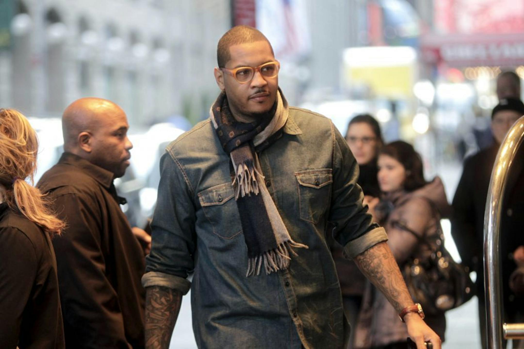 New York Knicks' Carmelo Anthony arrives for a players' association meeting in New York, Monday, Nov. 14, 2011.
