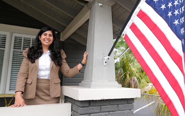 Florida state Rep. Anna Eskamani poses out front of her office Wednesday, March 27, 2024, in Orlando, Fla.