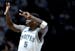 Anthony Edwards (5) of the Minnesota Timberwolves holds up seven fingers in the fourth quarter of Thursday's win.