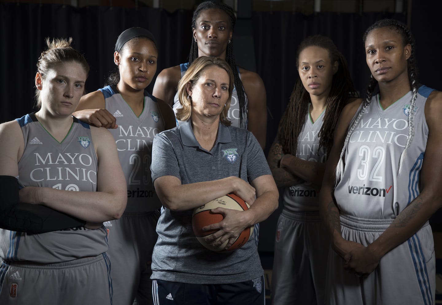 Lynx starters left to right Lindsay Whalen, Maya Moore, Sylvia Fowles, Seimone Augustus, and Rebekkah Brunson with head coach Cheryl Reeve at Mayo Clinic Square Thursday September 21,2017 in Minneapolis , MN. ] JERRY HOLT &#xef; jerry.holt@startribune.com Jerry Holt