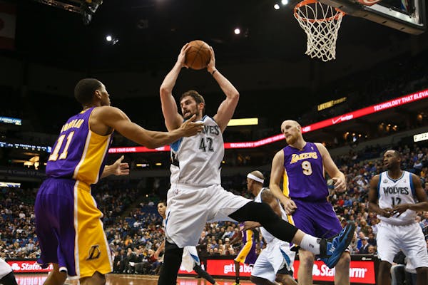 Kevin Love rebounded the ball in the second half during an NBA game between the Timberwolves and the L.A. Lakers at Target Center on Tuesday, February