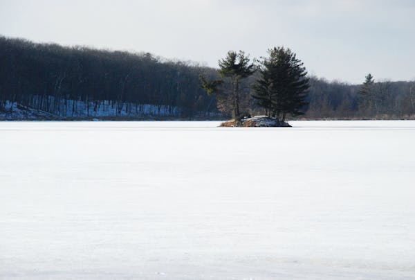 An island stands our among the frozen surface of Straight Lake in Straight Lake State Park.