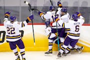 Minnesota State Mankato players celebrated a goal at last season’s Frozen Four in Pittsburgh.