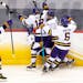 Minnesota State Mankato players celebrated a goal at last season’s Frozen Four in Pittsburgh.