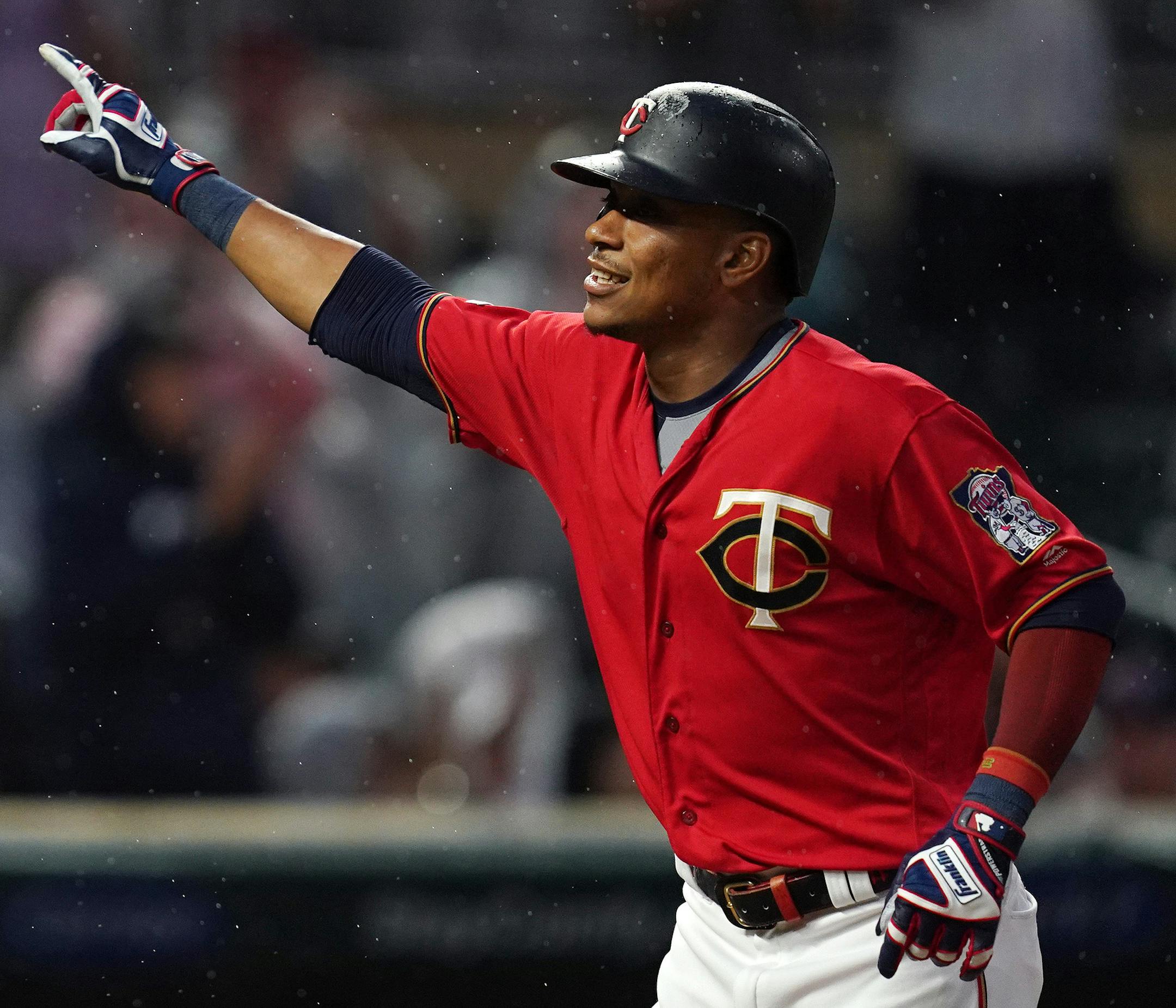 Minnesota Twins shortstop Jorge Polanco (11) celebrated as he crossed home plate after hitting a home run in the second inning. ] ANTHONY SOUFFLE &#x2022; anthony.souffle@startribune.com The Minnesota Twins played the Texas Rangers in an MLB game Friday, July 5, 2019 at Target Field in Minneapolis.