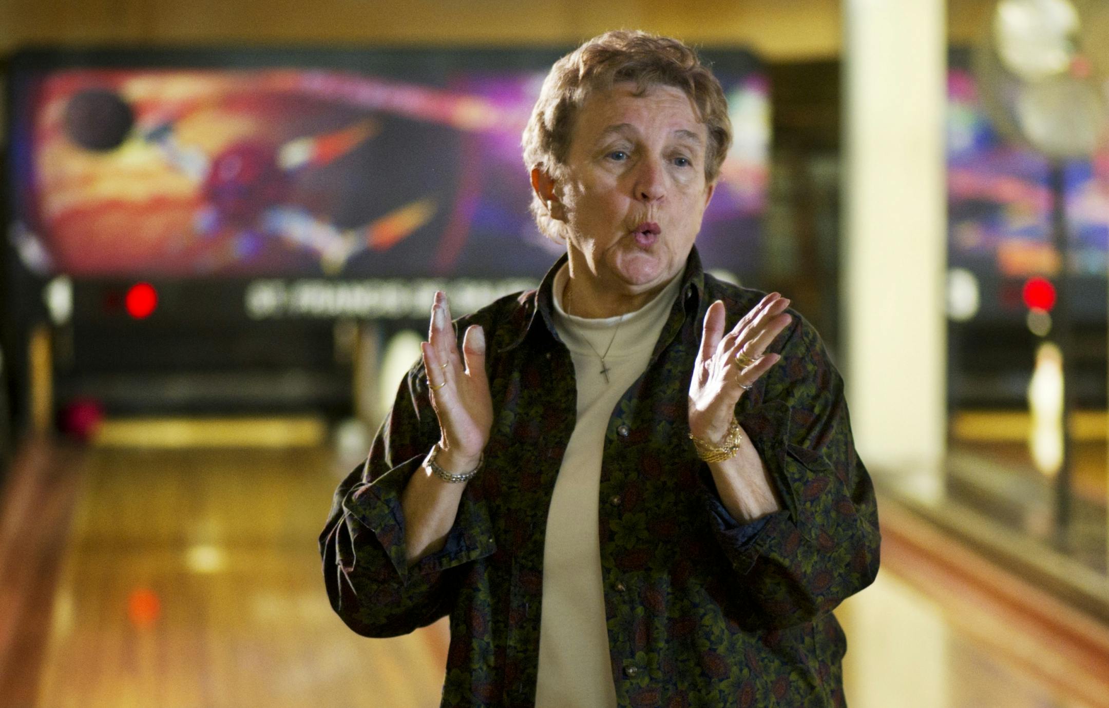Jan Cirhan picked up a spare. She has been a member of the Thursday night women's league at the St. Francis Bowling Center for 35 years and has run the league for the past 30.