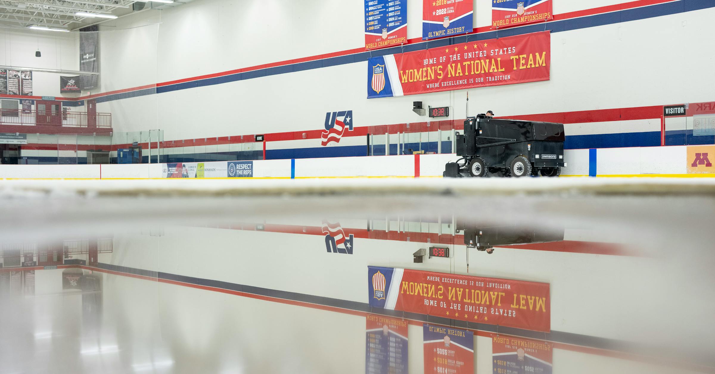 A Zamboni driver resurfaces one of the rinks at the National Sports Center Super Rink in Blaine on Tuesday, April 14.