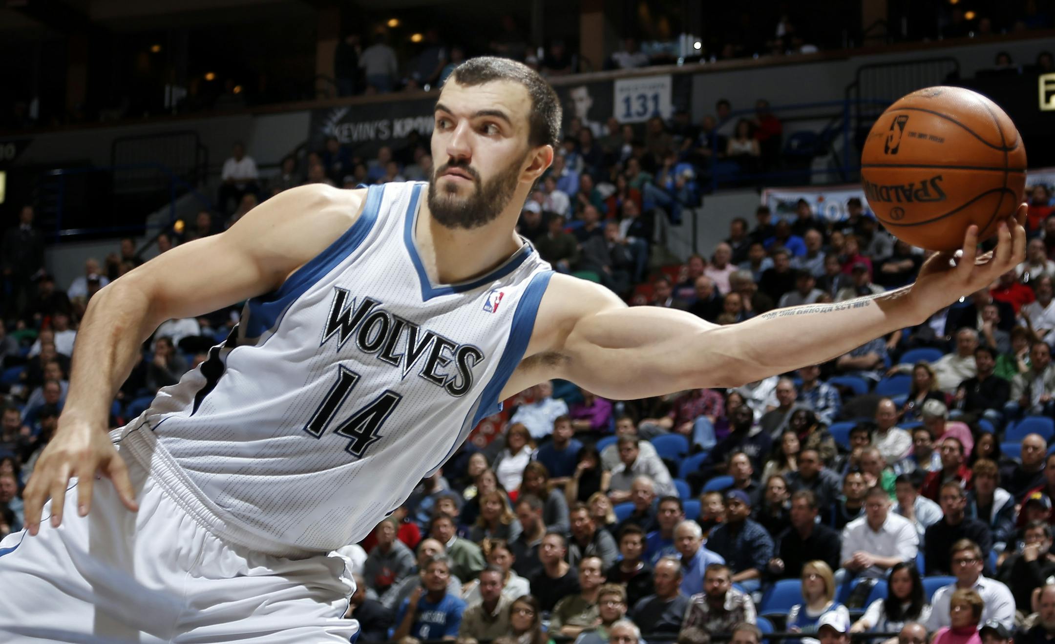 Wolves center Nikola Pekovic grabbed a ball from going out of bounds in the third quarter. Pekovic had 22 points in Wednesday's 108-105 victory over Denver at Target Center.
