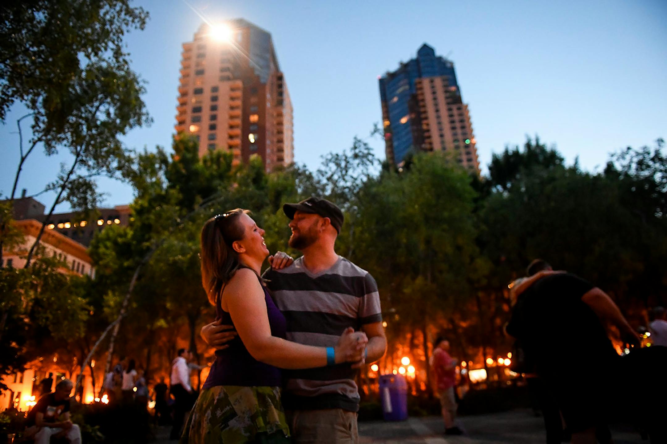 Ashley and Samuel Solsrud-Beckman danced to live music Thursday night in Mears Park.