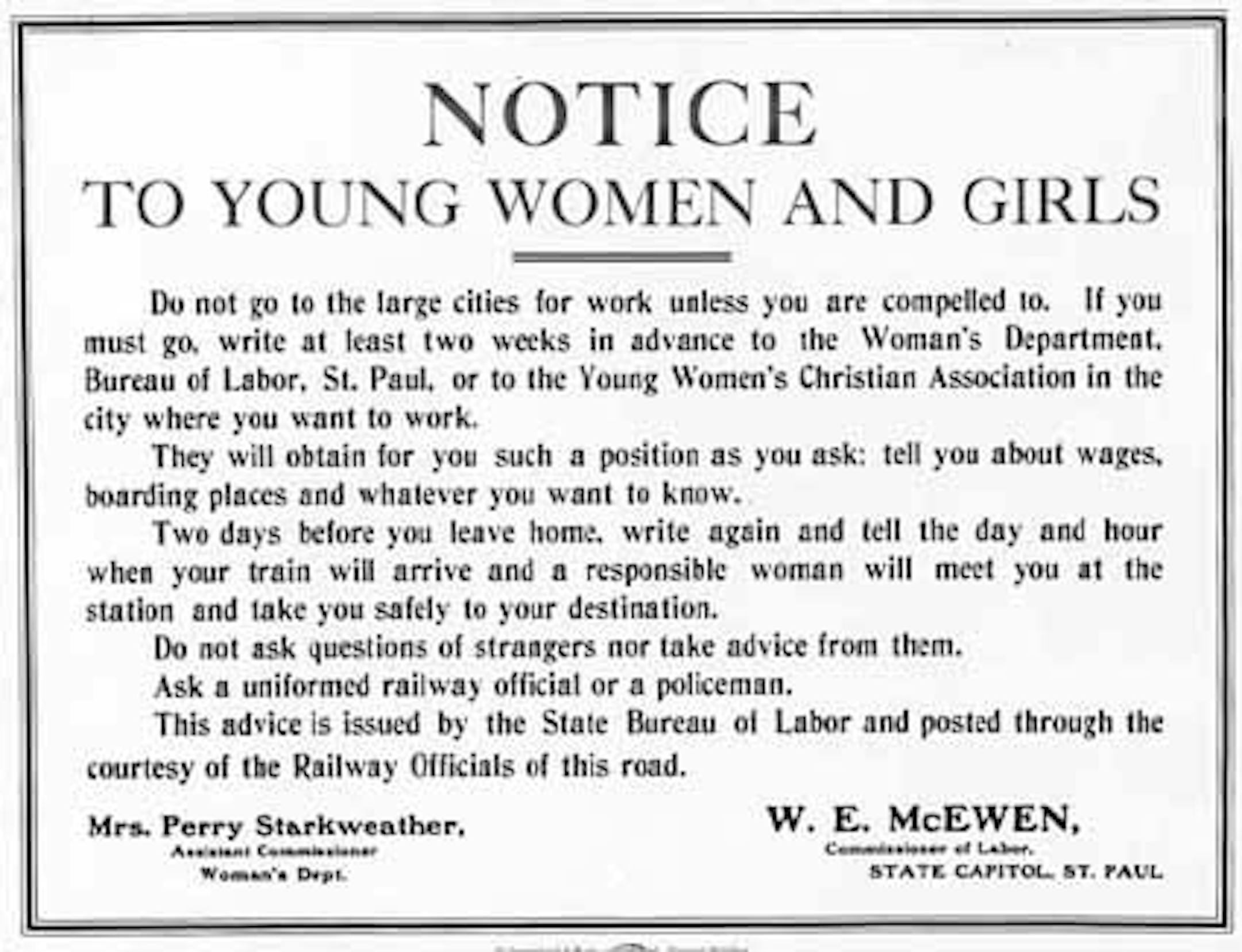 1910: Notice to young women and girls