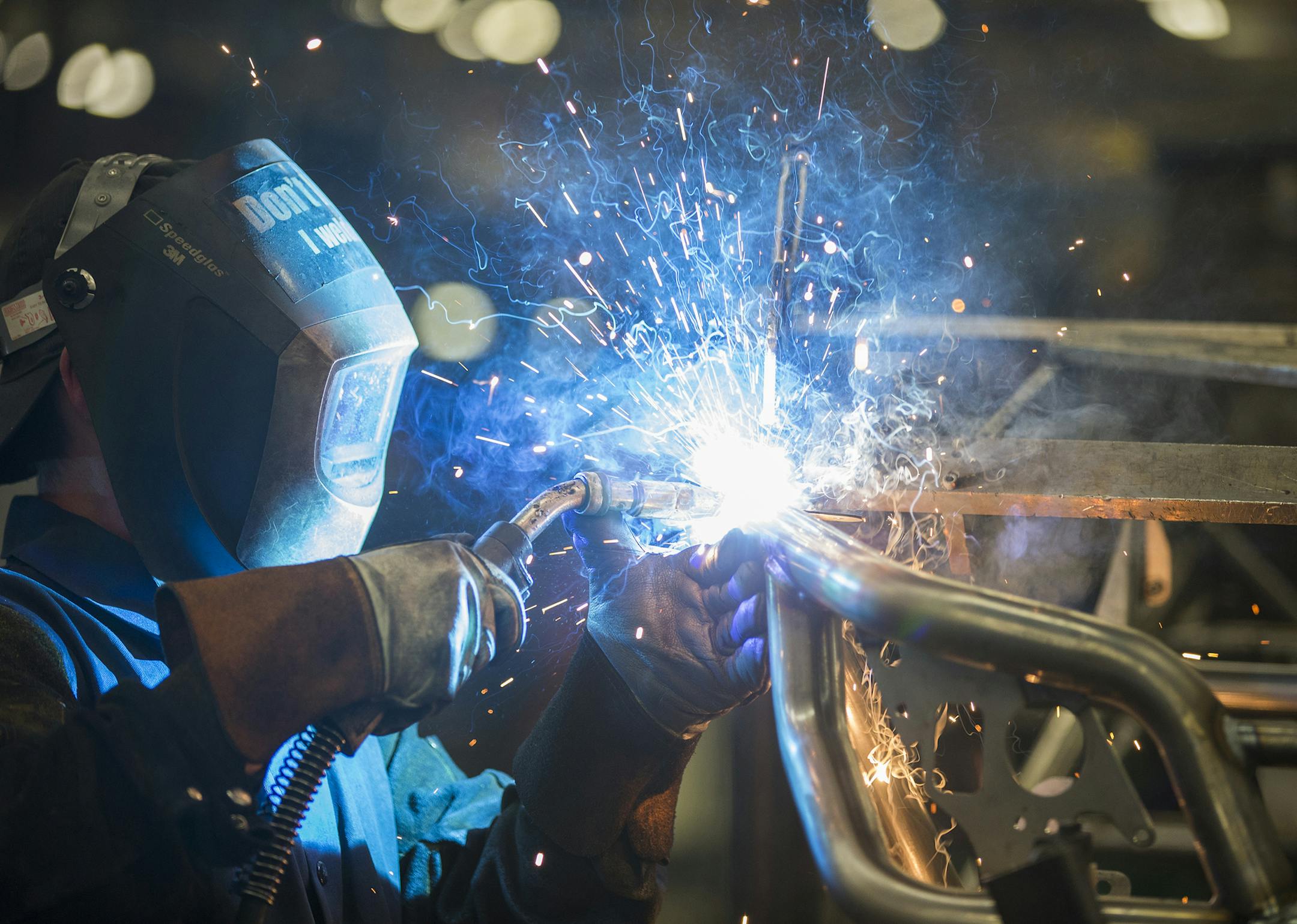 A worker welds the frame for the 2016 Wildcat X side-by-side vehicle at the Arctic Cat factory in Thief River Falls, Minn., on Sept. 30, 2015. (Leila Navidi/Minneapolis Star Tribune/TNS) ORG XMIT: 1174791