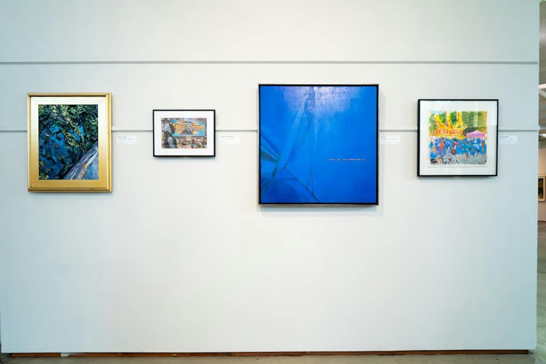 Down By the Bay by Kat M Corrigan, acrylic on black; George Floyd Memorial by Jerry R Wiese, digital print; Night Sail by Laura Donovan, oil on canvas; State Fair Boogie by Harriett Braun, casein and gouache on watercolor paper.