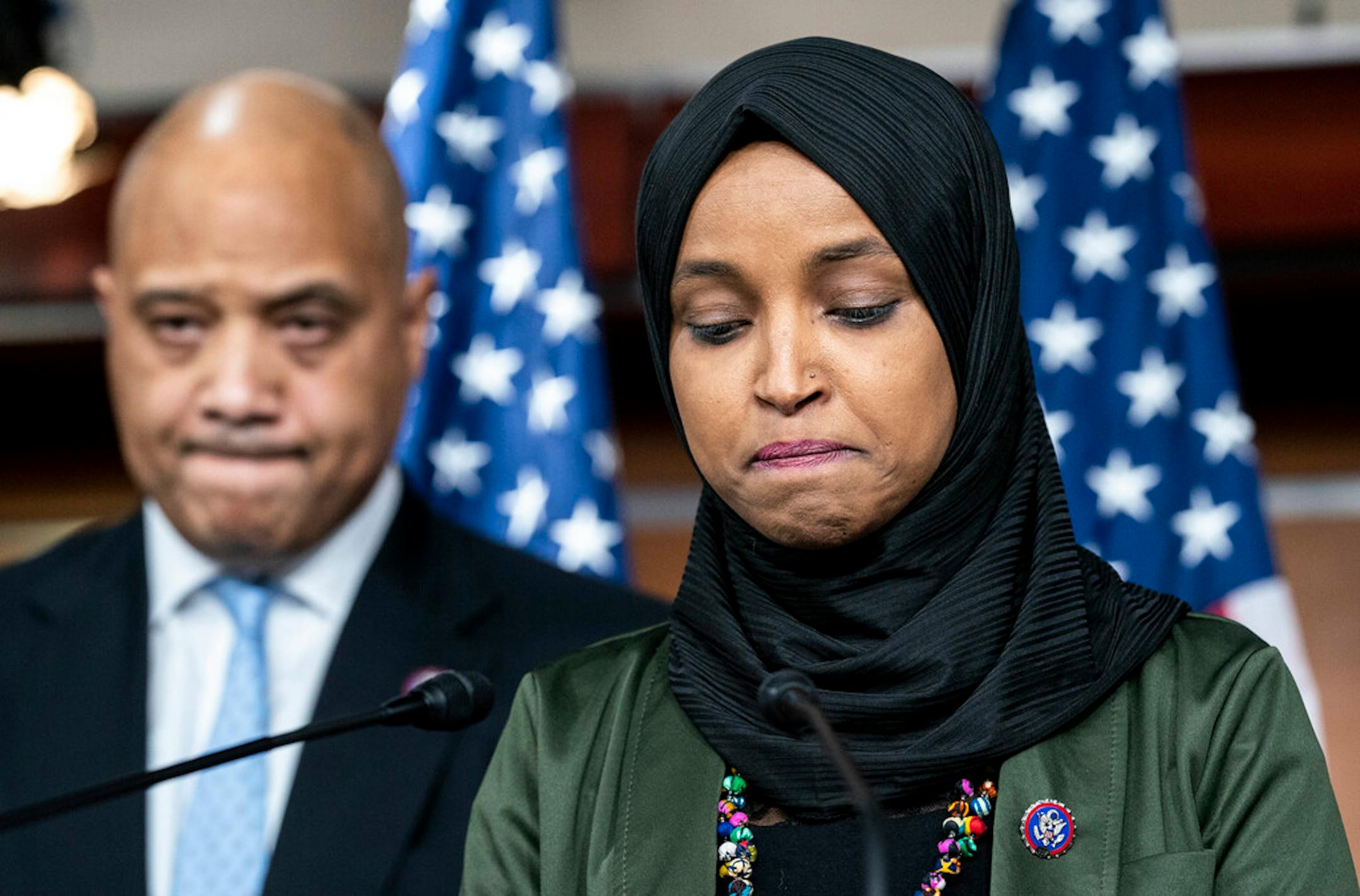 At a Nov. 30 news conference on Capitol Hill, Rep. André Carson, D-Ind., and other lawmakers stood by Rep. Ilhan Omar, D-Minn., as she spoke about anti-Muslim remarks made by Rep. Lauren Boebert, R-Colo. MUST CREDIT: Washington Post photo by Melina Mara