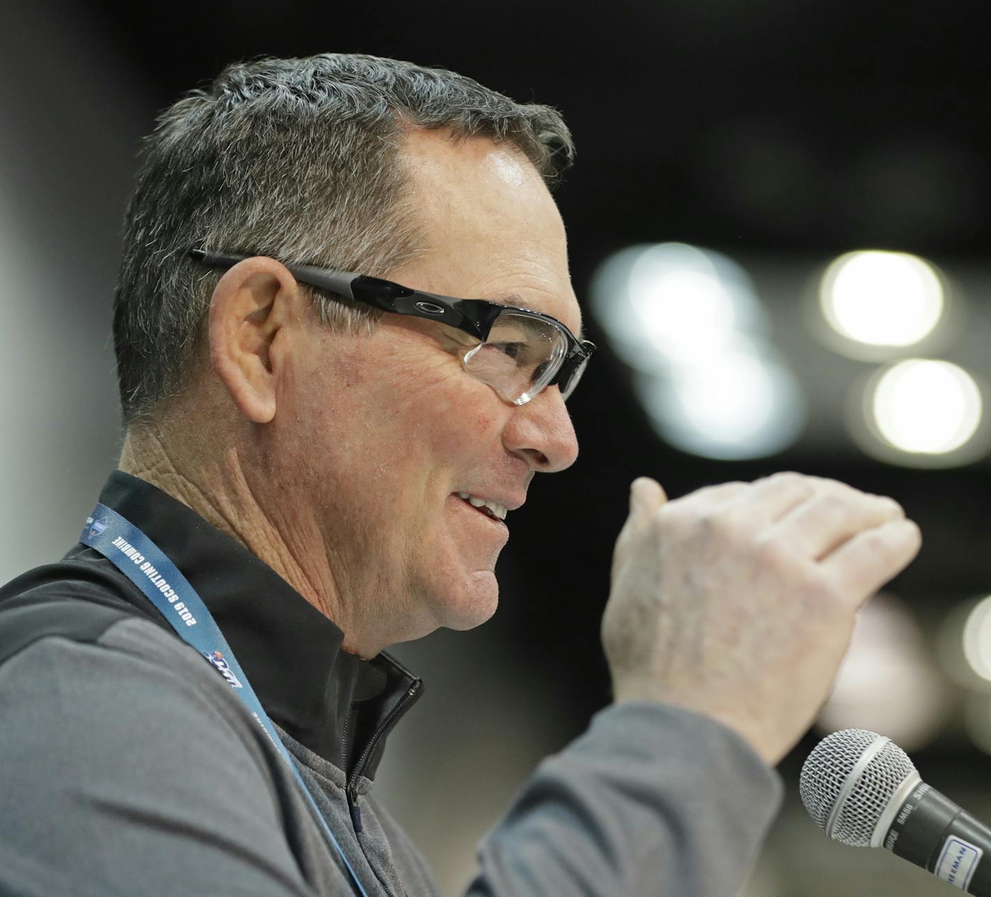 Minnesota Vikings head coach Mike Zimmer speaks during a press conference at the NFL football scouting combine, Thursday, Feb. 28, 2019, in Indianapolis. (AP Photo/Darron Cummings)