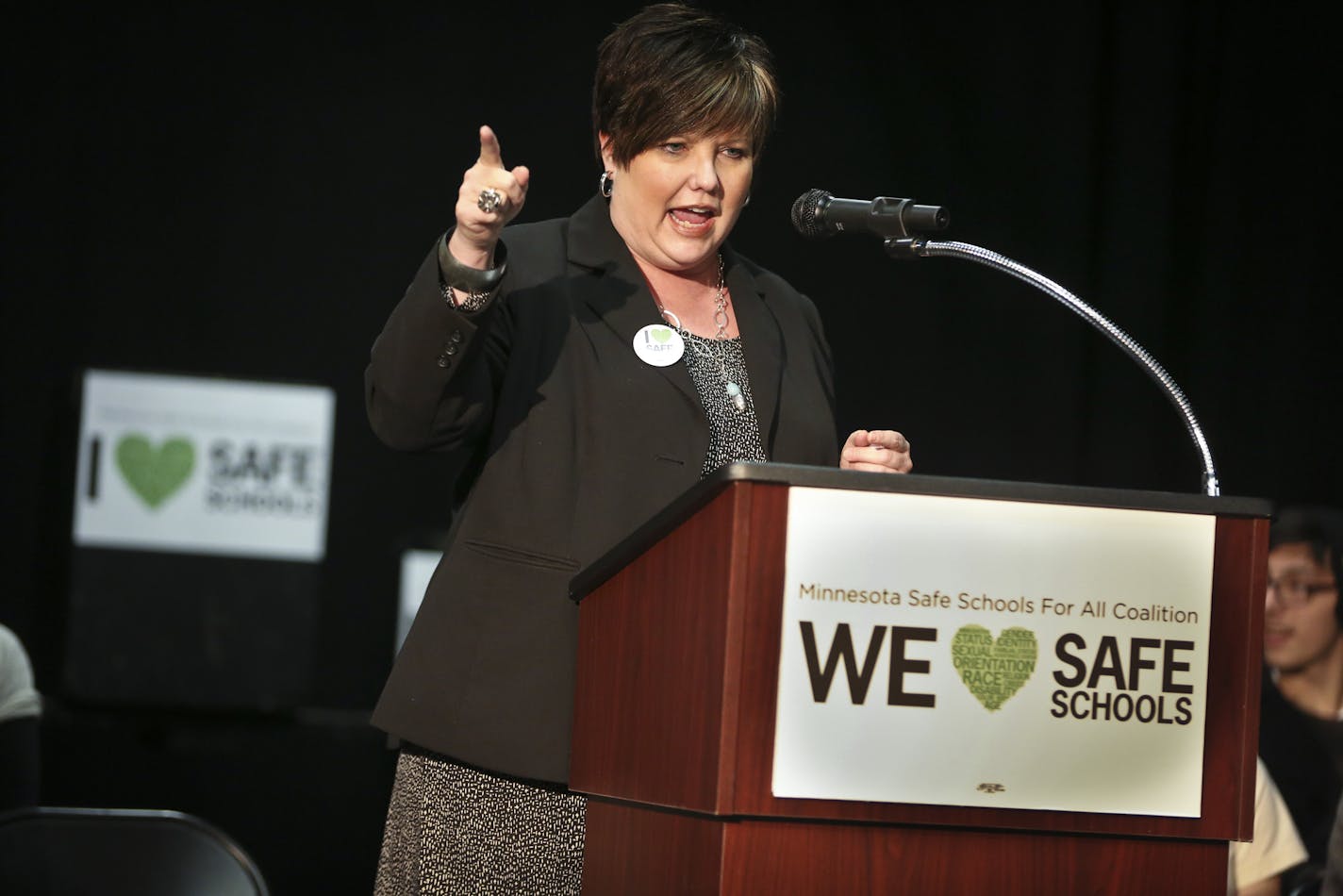 President of Education Minnesota Denise Specht chanted "We heart safe schools" during a press conference to support an anti-bullying bill called Safe Schools at Central High School in St. Paul, Minn., on Monday, December 9, 2013. ] RENEE JONES SCHNEIDER &#x2022; reneejones@startribune.com