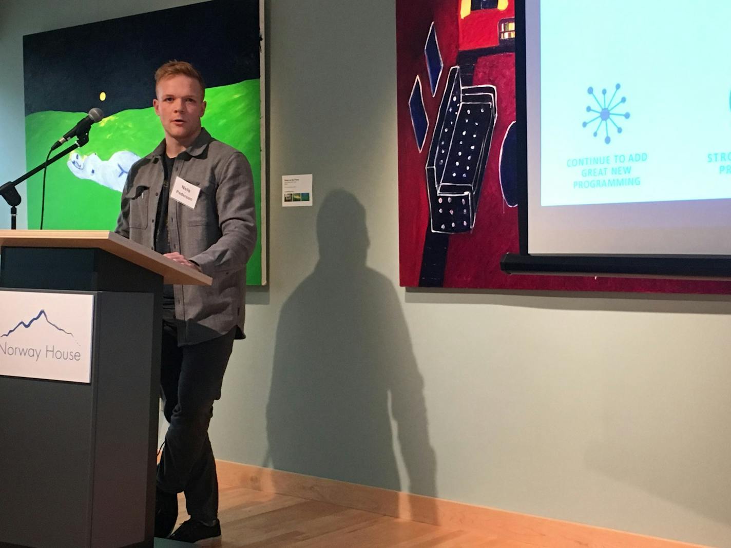 Nels Pederson, managing director of Beta.mn and an organizer of Twin Cities Startup Week, speaks at a meeting of local business and arts executives to discuss development of a regional innovation event. The event, held at Norway House in Minneapolis, was convened by Synapse Minnesota.