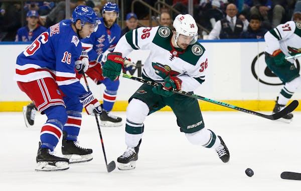 Minnesota Wild's Mats Zuccarello (36) controls the puck in front of New York Rangers' Ryan Strome (16) during the second period of an NHL hockey game 