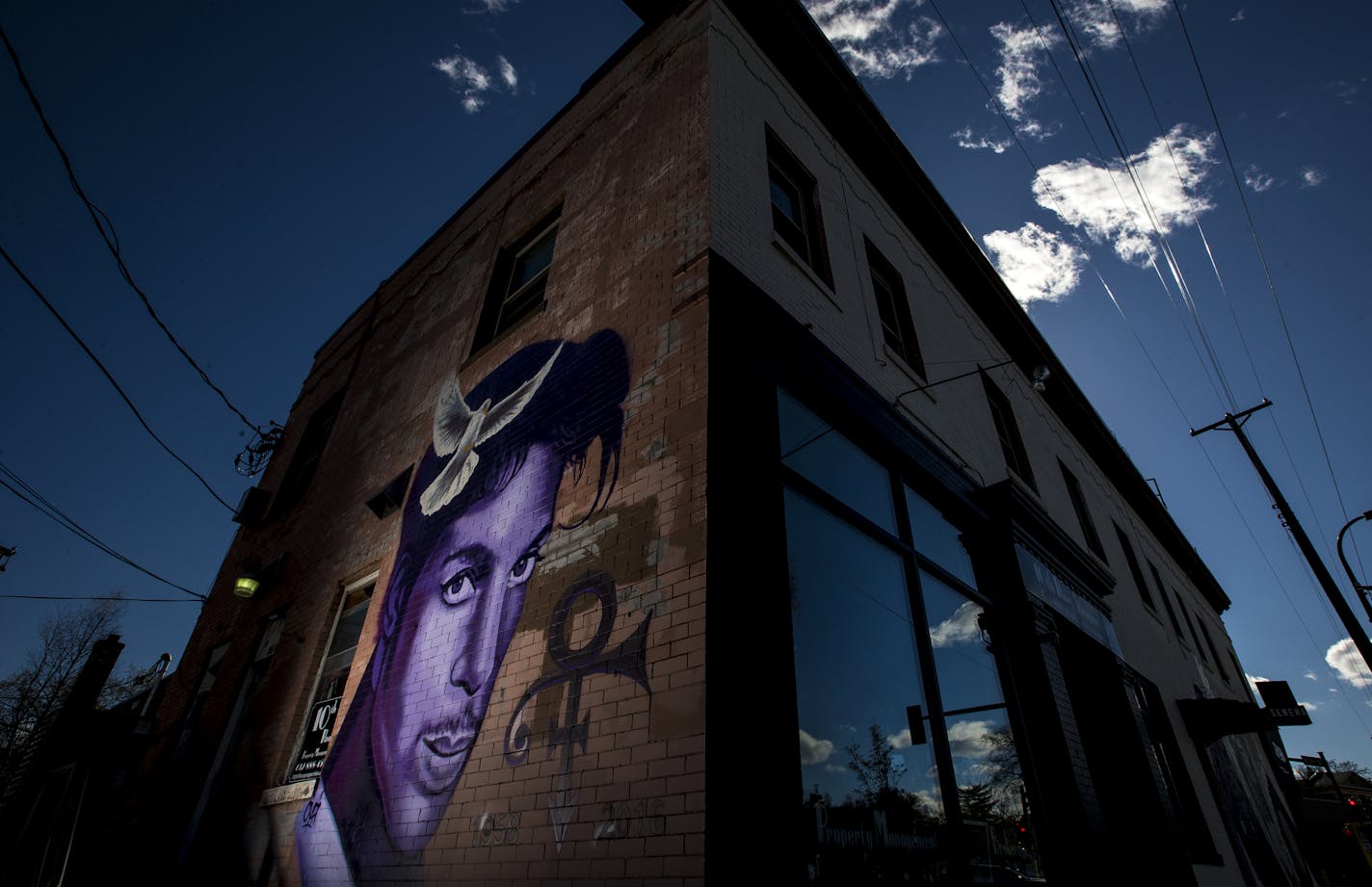 A mural of Prince by local artist Rock &#x201c;Cyfi&#x201d; Martinez on a building at 26th Street and Hennepin Avenue in Uptown Minneapolis.