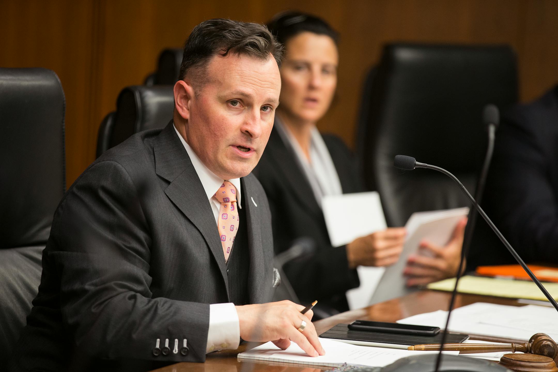 Rep. John Lesch, the chair of the group, speaks during a working group at the State Office Building in St. Paul on Saturday, June 20, 2015.