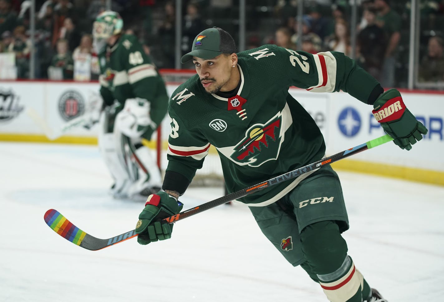 Wild right wing J.T. Brown was among several players who warmed up with stick blades taped with rainbow colors on the night of the Wild's annual "Hockey is for Everyone" night.