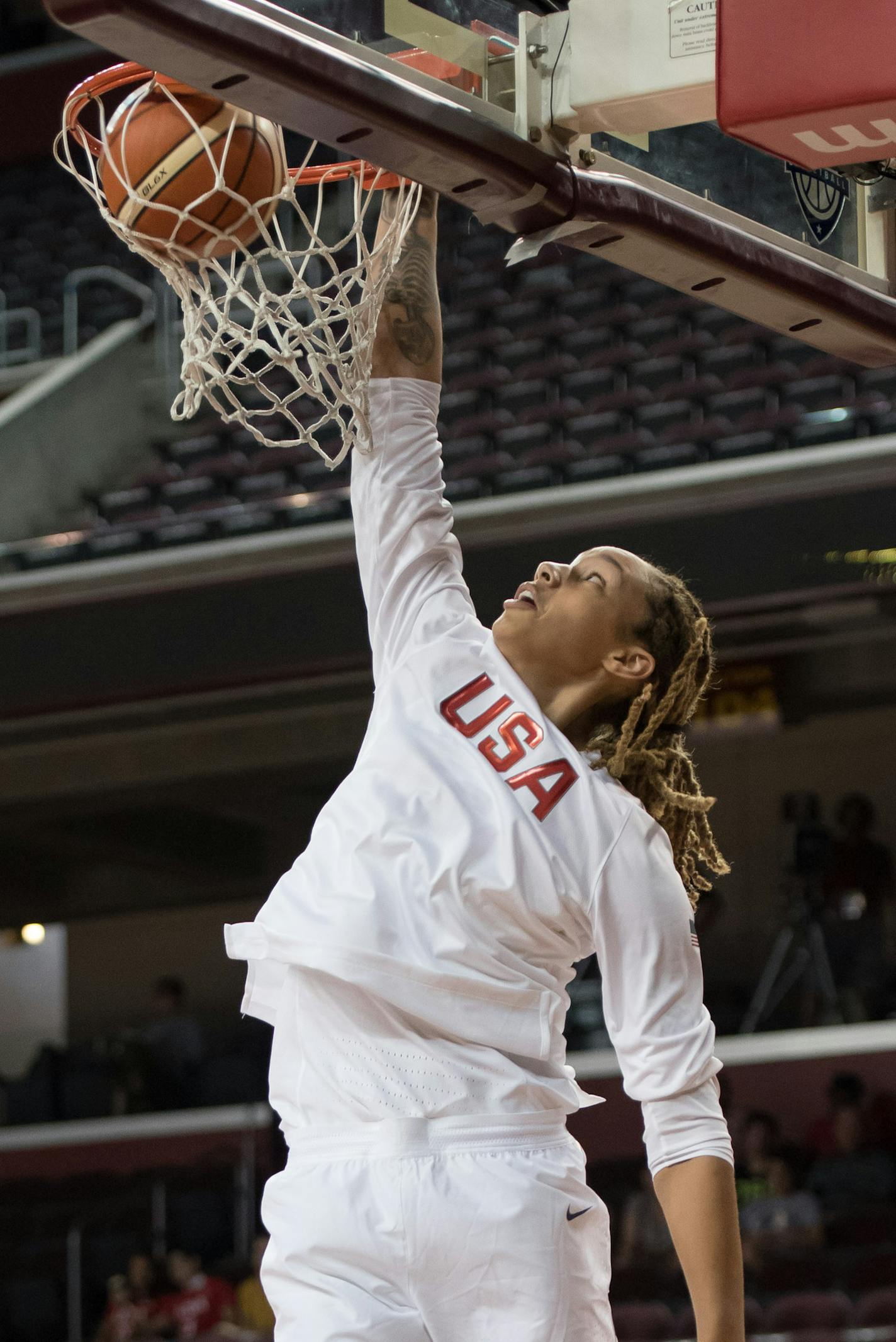 25 JUL 2016: Brittney Griner dunks in warmups before the the USA Basketball Showcase exhibition game between the USA National and Select teams at the Galen Center in Los Angeles, CA. (Photo by Brian Rothmuller/Icon Sportswire) (Icon Sportswire via AP Images) ORG XMIT: 265618