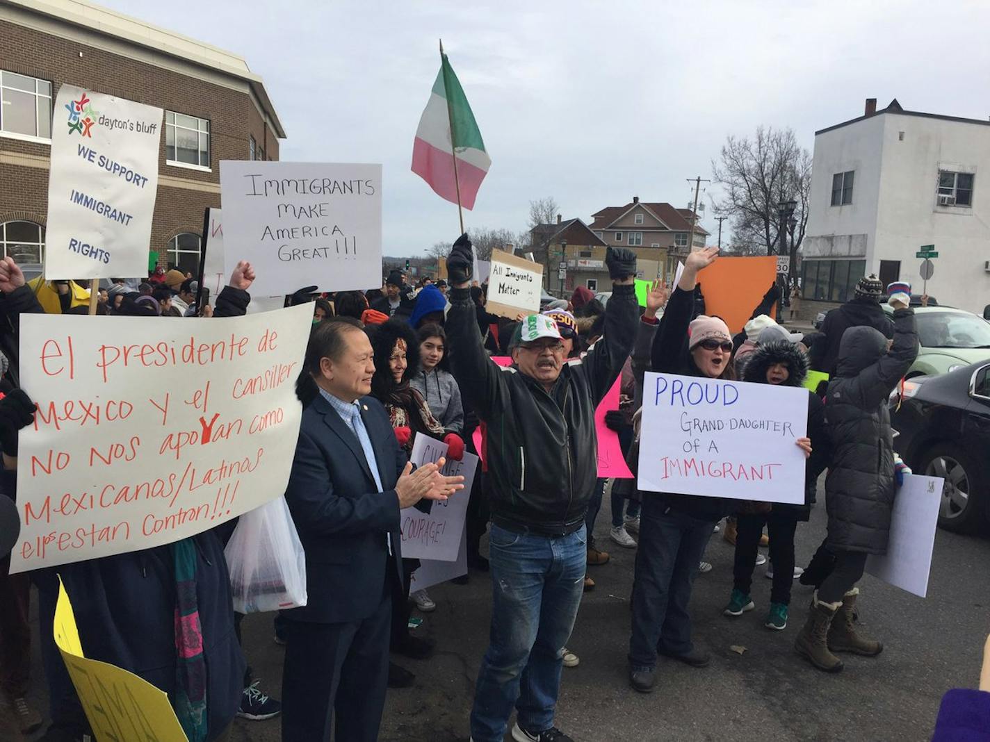 Protesters gather this morning outside the Mexican consulate in St. Paul to mark a "Day Without Immigrants."