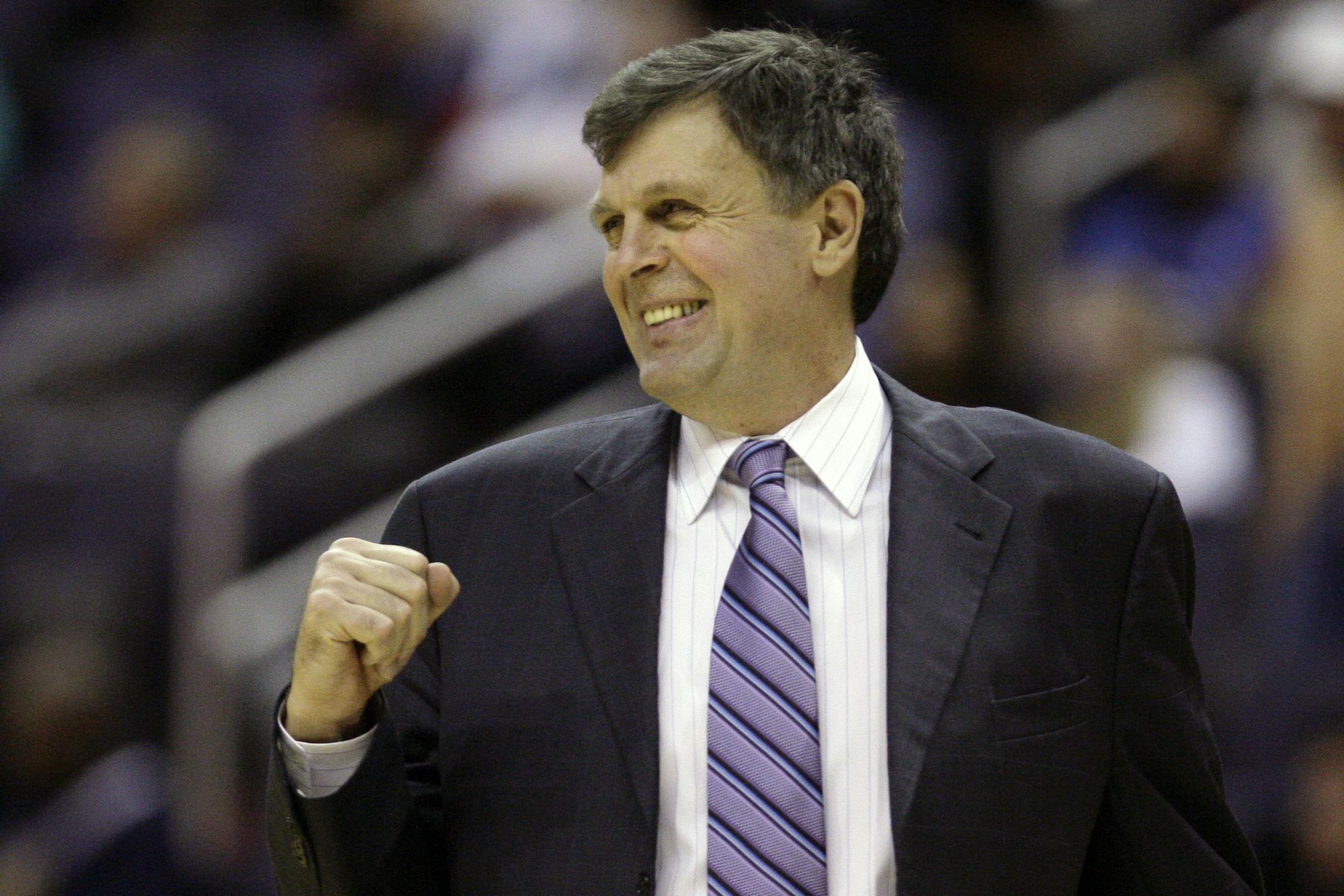Houston Rockets head coach Kevin McHale reacts as his team holds their lead against the Washington Wizards during the fourth quarter of an NBA basketball game at the Verizon Center in Washington, on Monday, Jan. 16, 2012. The Rockets won 114-106. (AP Photo/Jacquelyn Martin) ORG XMIT: VZN102