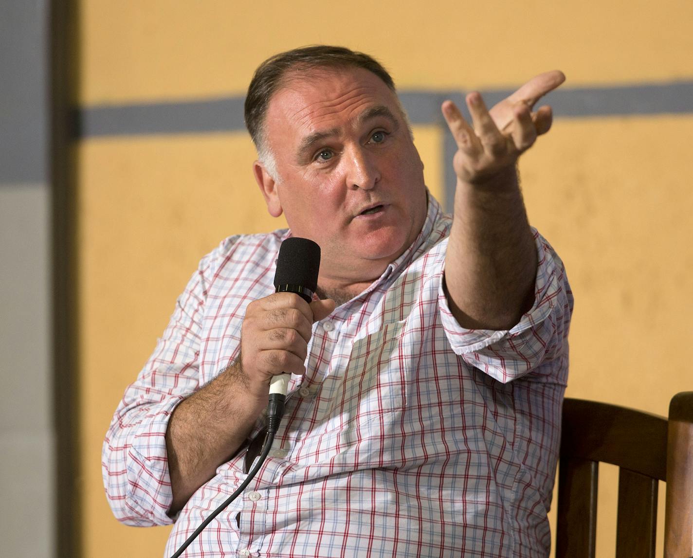 FILE - In this March 21, 2016, file photo Spanish-American chef Jose Andres answers questions during a panel discussion at an event on entrepreneurship at La Cerveceria, in Havana, Cuba. Andres is working on a book about his efforts to help Puerto Rico after Hurricane Maria. Ecco told The Associated Press on Wednesday that it has acquired &#x201c;We Fed An Island: The True Story of Rebuilding Puerto Rico, One Meal at a Time.&#x201d; The book is scheduled for Sept. 11. (AP Photo/Pablo Martinez Mo