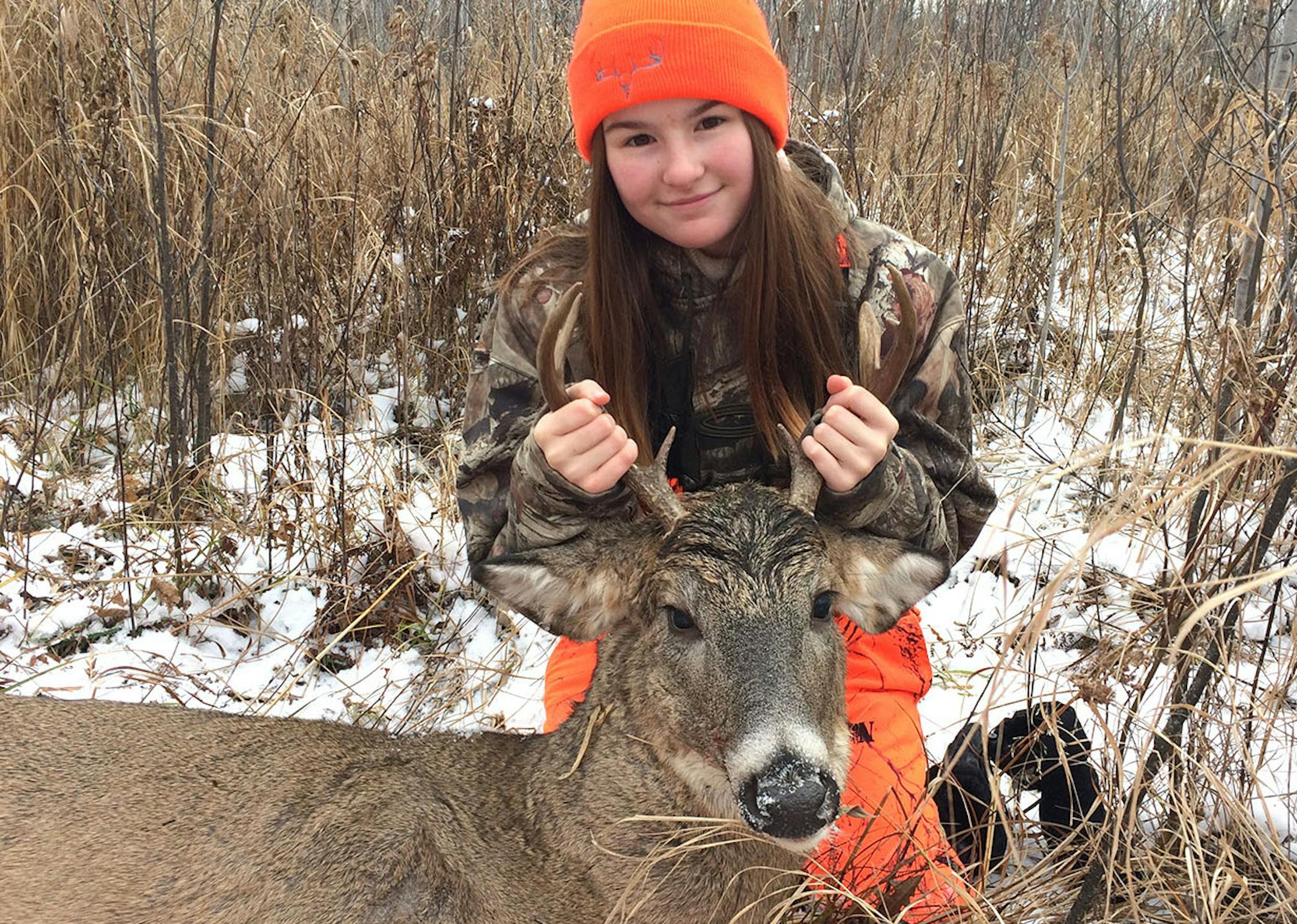 Eden Prairie middle school student Livia Fornetti worked diligently this year with her mother to earn her firearms safety certificate. Her first hunting opportunity came on the second weekend of the deer season on 500 acres of land near Sandstone owned by her grandfather. Situated in her dad’s deer stand with him by her side, Livia watched this seven-pointer step into a shooting lane. She took one shot with her .30-06 rifle, only to see the deer dart away. After a brief search, they found