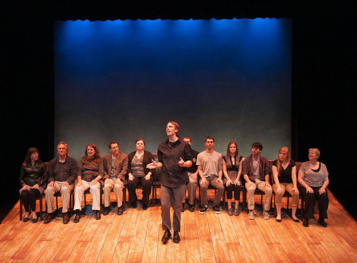 Traynor Photography Katie Wodele, Corey Okonek, Martha Wigmore, Grif Sadow, Beth King, Nick Menzhuber, Evan Wilberg, Ty Hudson, Rachael Hudson, Jarome Smith, Emily Picardi and Debbie Swanson in the "Laramie Project" at Lyric Arts in Anoka.