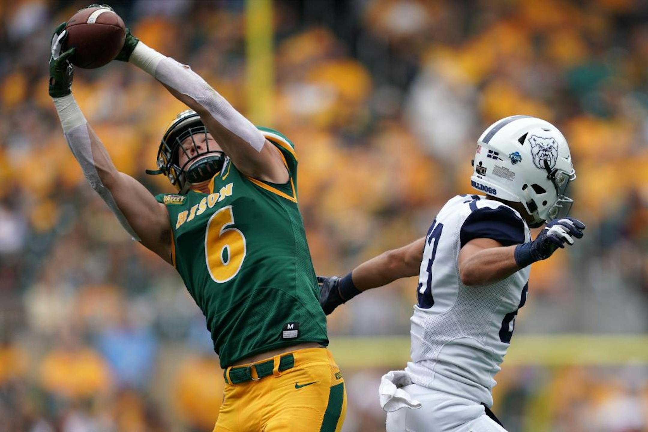 North Dakota State Bison safety James Hendricks (6) caught an interception meant from Butler Bulldogs quarterback Sam Brown (3) meant for wide receiver Stephen Dennis (83) the first half.