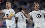 Osvaldo Alonso (left) and Chase Gasper (right) of Minnesota United celebrated after Alonso scored a goal in the second half. ] CARLOS GONZALEZ &#x2022