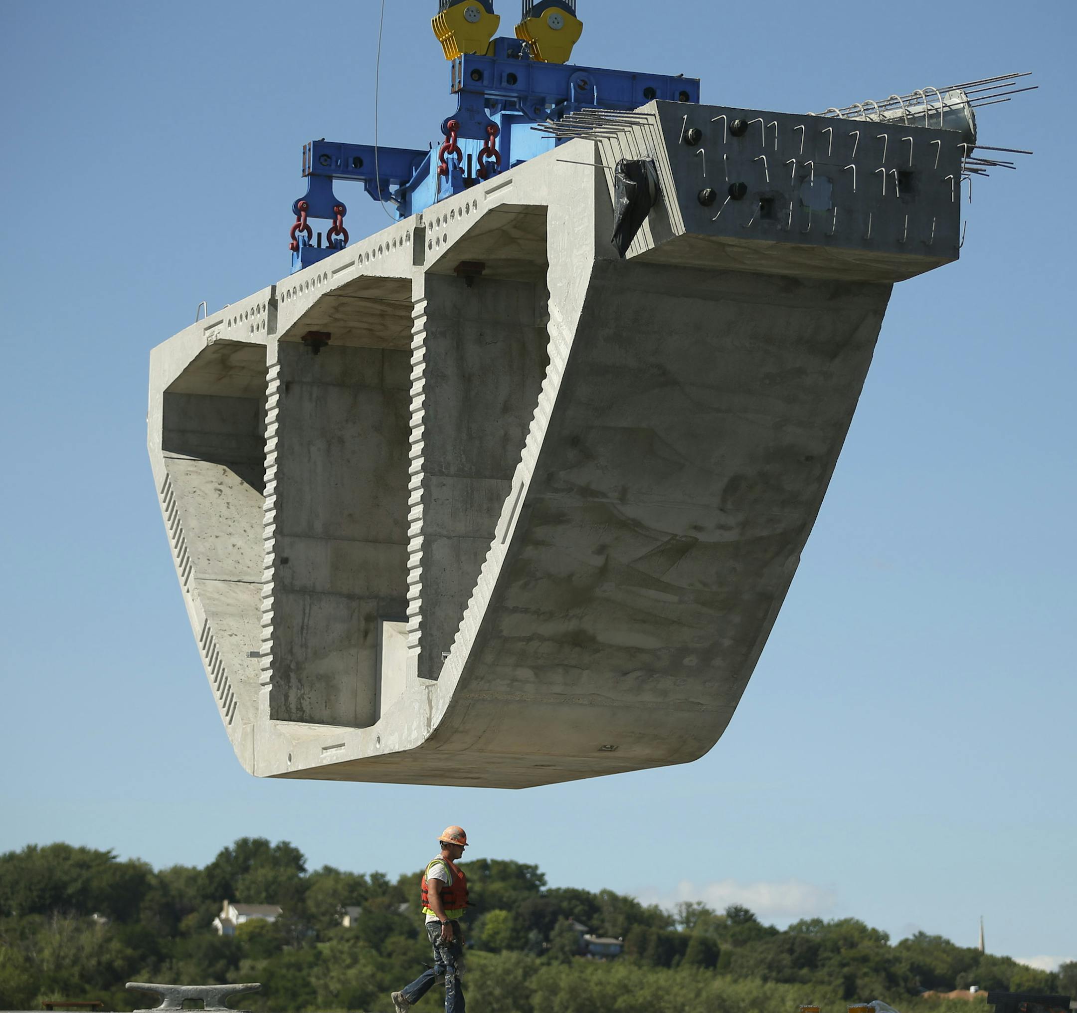A segment was lifted from a barge beneath pier 9 of the St. Croix Crossing project under construction Thursday afternoon on the St. Croix River near Stillwater. ] JEFF WHEELER • jeff.wheeler@startribune.com Problems with ironwork on the St. Croix River bridge were reported to project leaders months before last week's announcement of a major delay in the construction schedule. The St. Croix Crossing construction project was photographed Thursday afternoon, September 10, 2015 on the water o