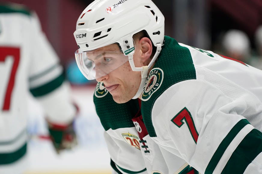 Minnesota Wild center Nico Sturm (7) in the second period of an NHL hockey game Tuesday, Feb. 2, 2021, in Denver. (AP Photo/David Zalubowski) ORG XMIT: MER61e4cf8b54134af2fe3e5f7dc84ff
