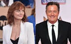 Susan Sarandon, left, was criticized by Piers Morgan for wearing a white blazer with just a black bra underneath to present the In Memoriam segment at
