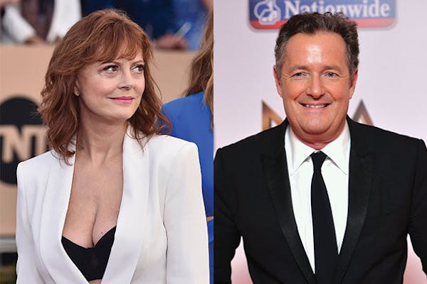 Susan Sarandon, left, was criticized by Piers Morgan for wearing a white blazer with just a black bra underneath to present the In Memoriam segment at