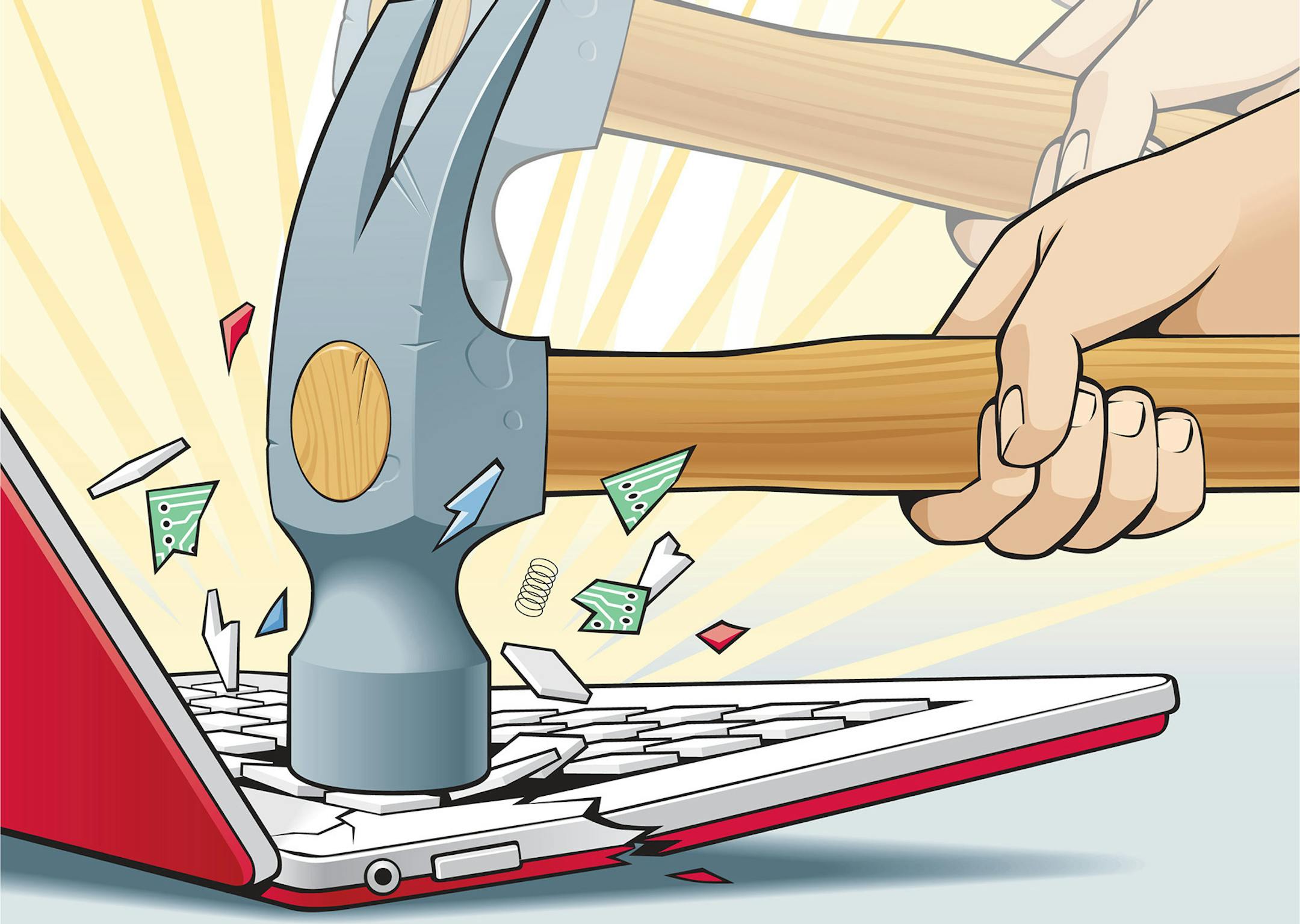 300 dpi Doug Griswold illustration of of a person smashing their laptop with a hammer in an effort to erase the all their personal info on the hard drive. (Bay Area News Group/MCT) ORG XMIT: 1141547
