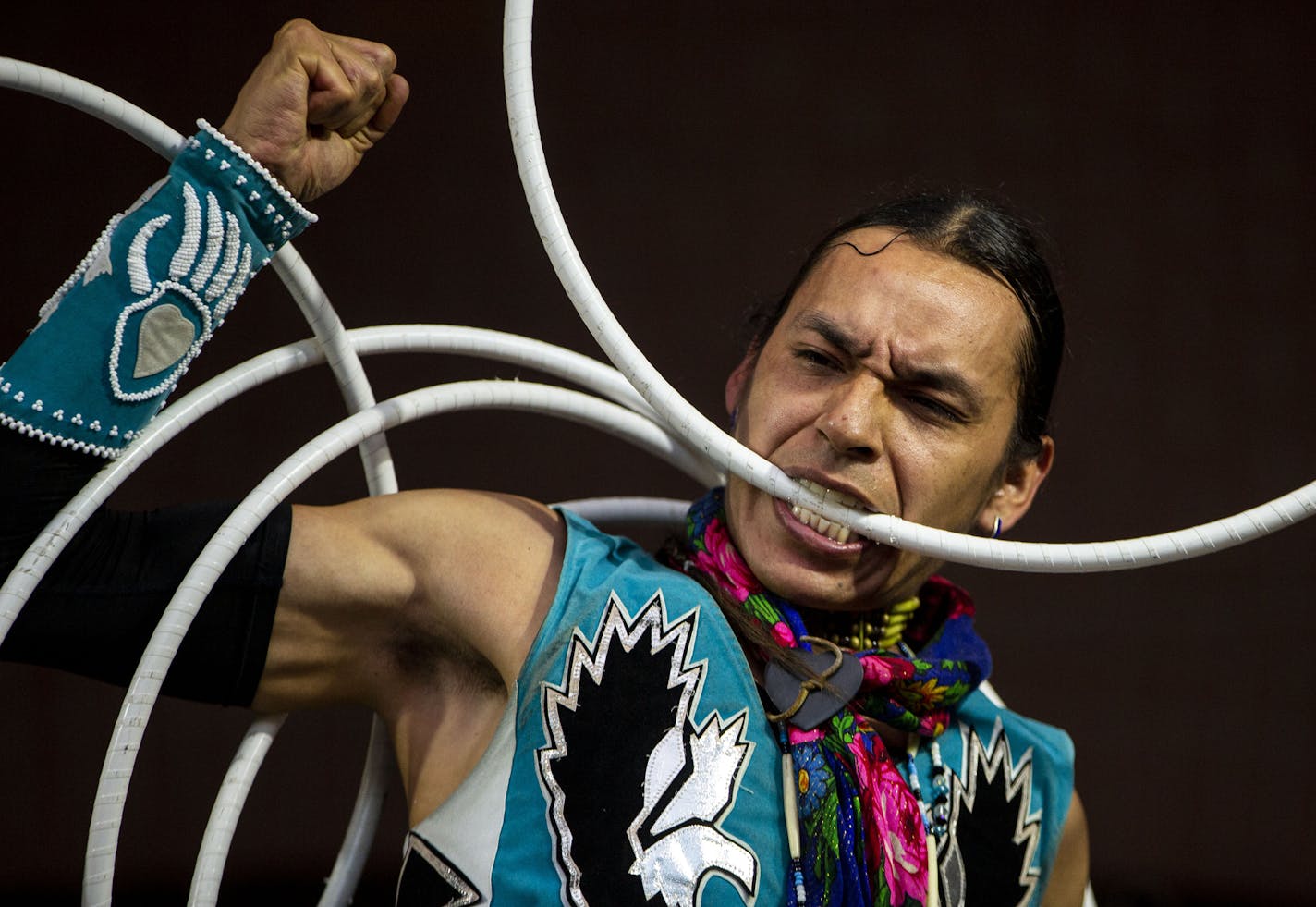 Lumhe (Micco) Sampson performed a hoop dance at Mears Park in St. Paul. He and his brother, Samsoche, who goes by Sam, have danced at venues around Minnesota and as far away as Paris.Micco Sampson performs a hoop dance.