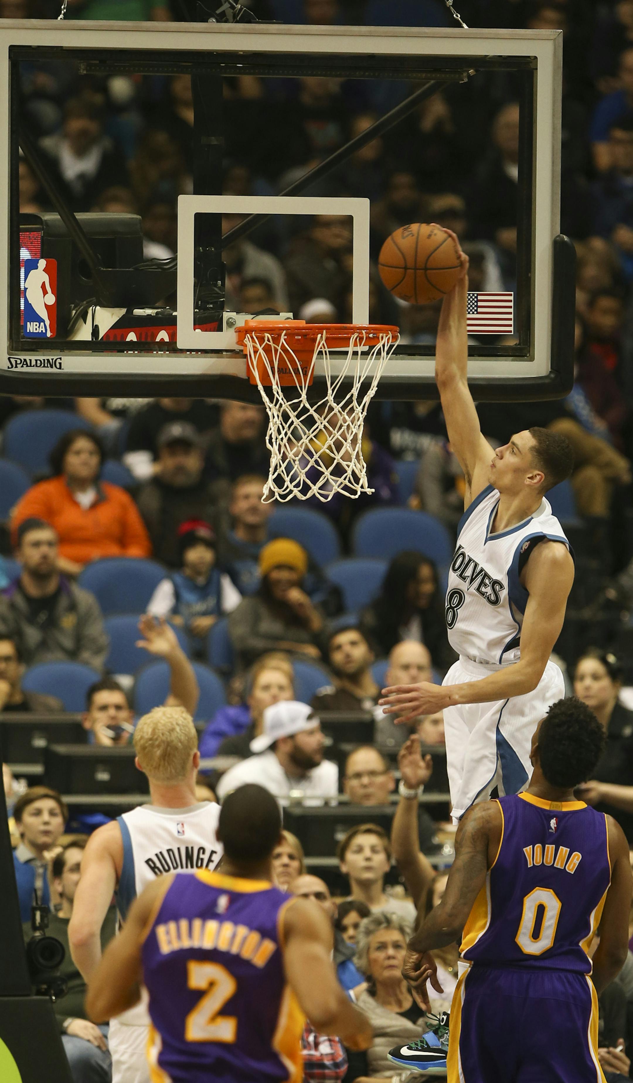 Minnesota Timberwolves guard Zach LaVine (8) dunks during the second quarter on Sunday, Dec. 14, 2014, at the Target Center in Minneapolis. (Jeff Wheeler/Minneapolis Star Tribune/TNS) ORG XMIT: 1161403