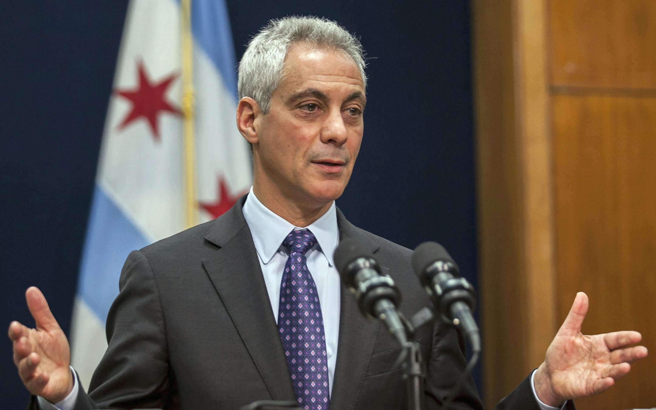 Chicago Mayor Rahm Emanuel speaks at a news conference in Chicago, Tuesday, Dec. 1, 2015, where he announced the firing Chicago Police Superintendent Garry McCarthy and discussed the creation of a newly created task force on police accountability. The firing of McCarthy came a week after the release of a dash-cam video that showed a white police officer fatally shooting a black teenager 16 times. (Ashlee Rezin/Sun-Times Media via AP ) CHICAGO TRIBUNE OUT, MANDATORY CREDIT, MAGS OUT, NO SALES ORG
