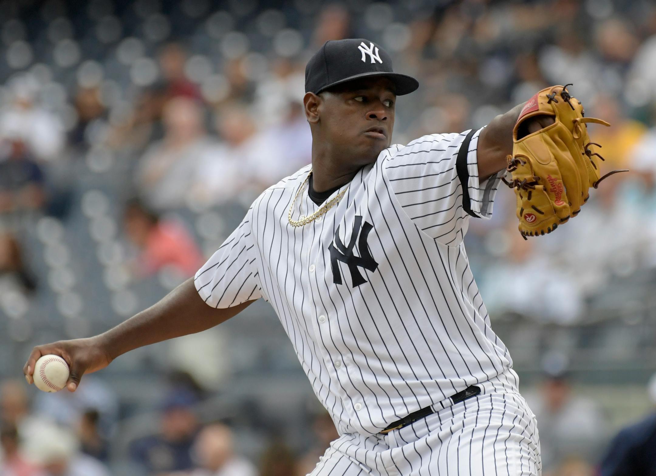New York Yankees starting pitcher Luis Severino delivers the ball to the Minnesota Twins during the first inning of a baseball game Wednesday, Sept.20, 2017, at Yankee Stadium in New York. (AP Photo/Bill Kostroun)