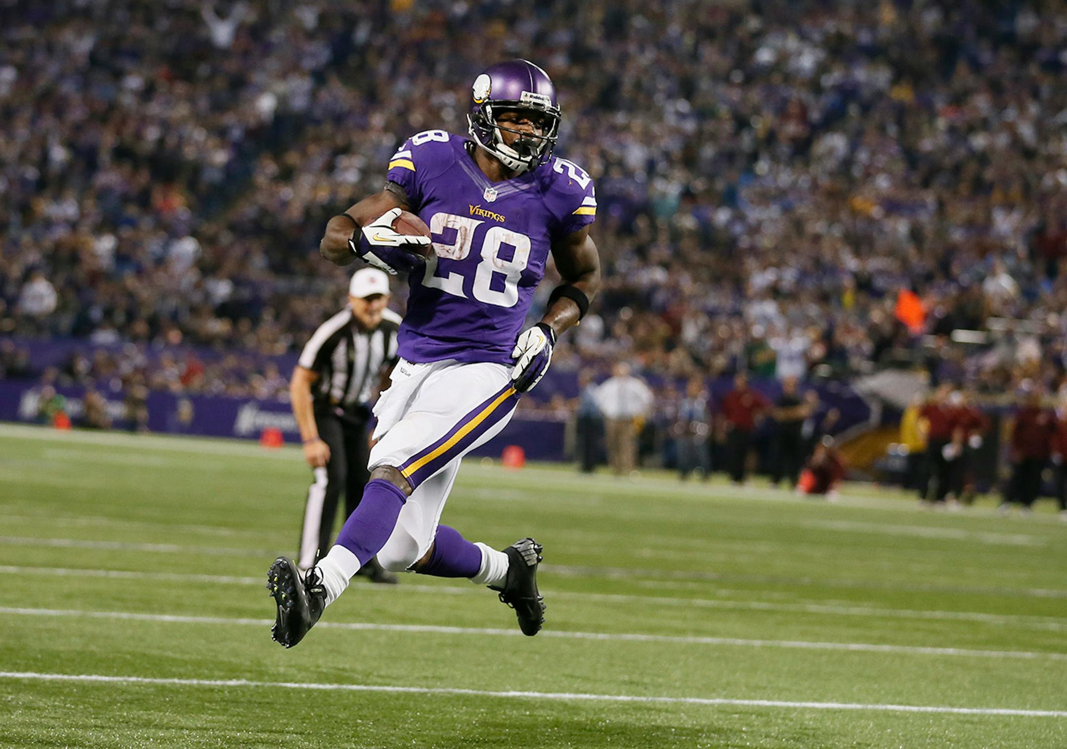 Adrian Peterson (28) high stepped in the end zone for a fourth quarter touch down against the Washington Redskins at Mall of America Field Thursday November 7, 2013.
