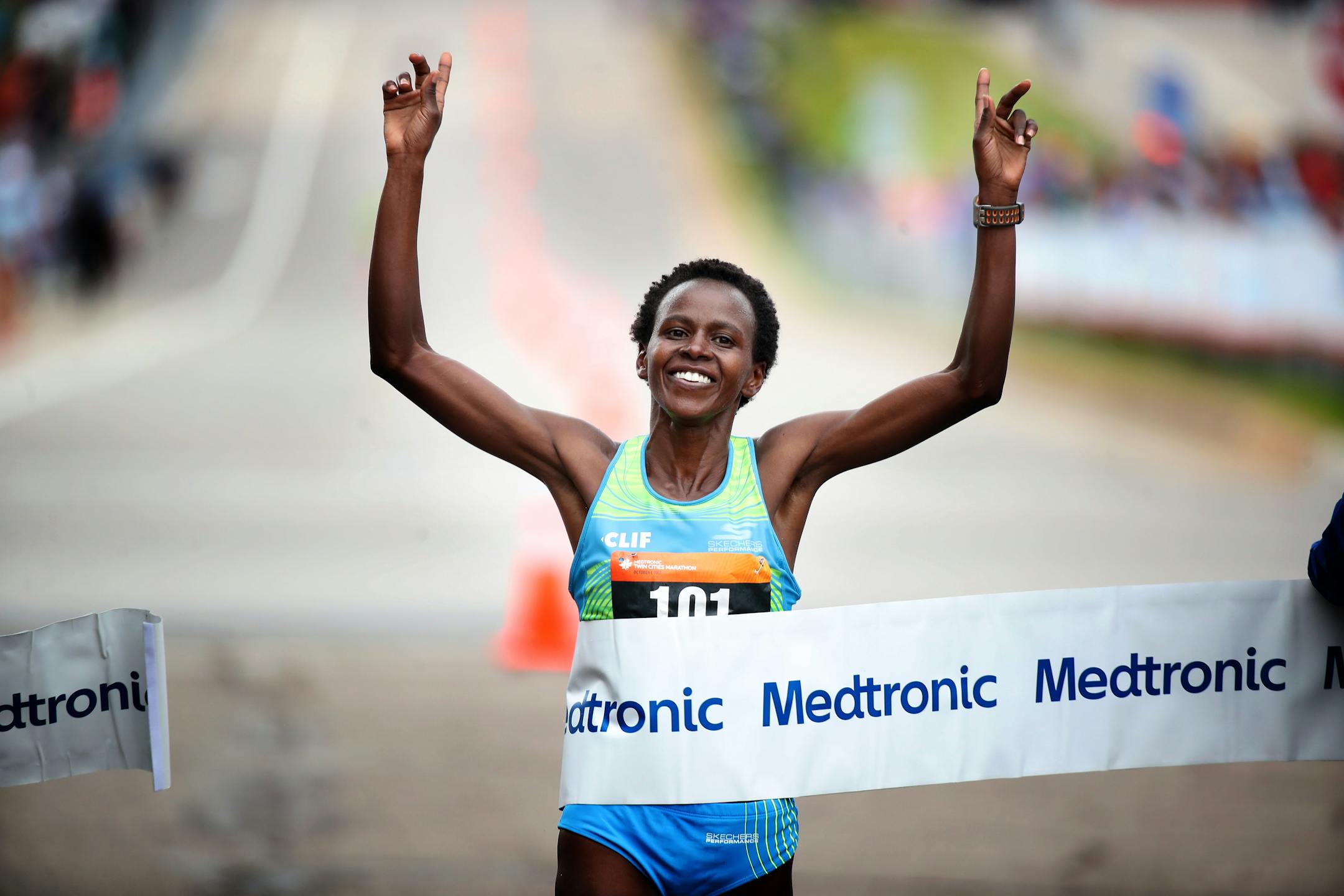 Jane Kibii won the women's division as she approached the finish line at the Capitol during theTwins Cities Marathon Sunday October 1,2017 in St. Paul, MN.
