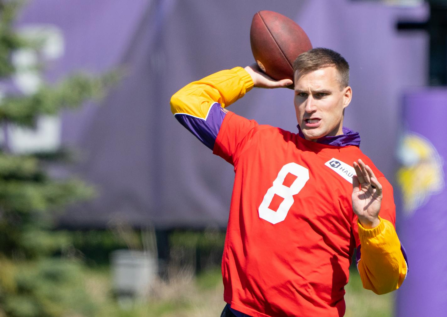 Minnesota Vikings quarterback Kirk Cousins (8) throws passes during an offseason workout Wednesday, May 03, 2023, at TCO Performance Center in Eagan, Minn. ]