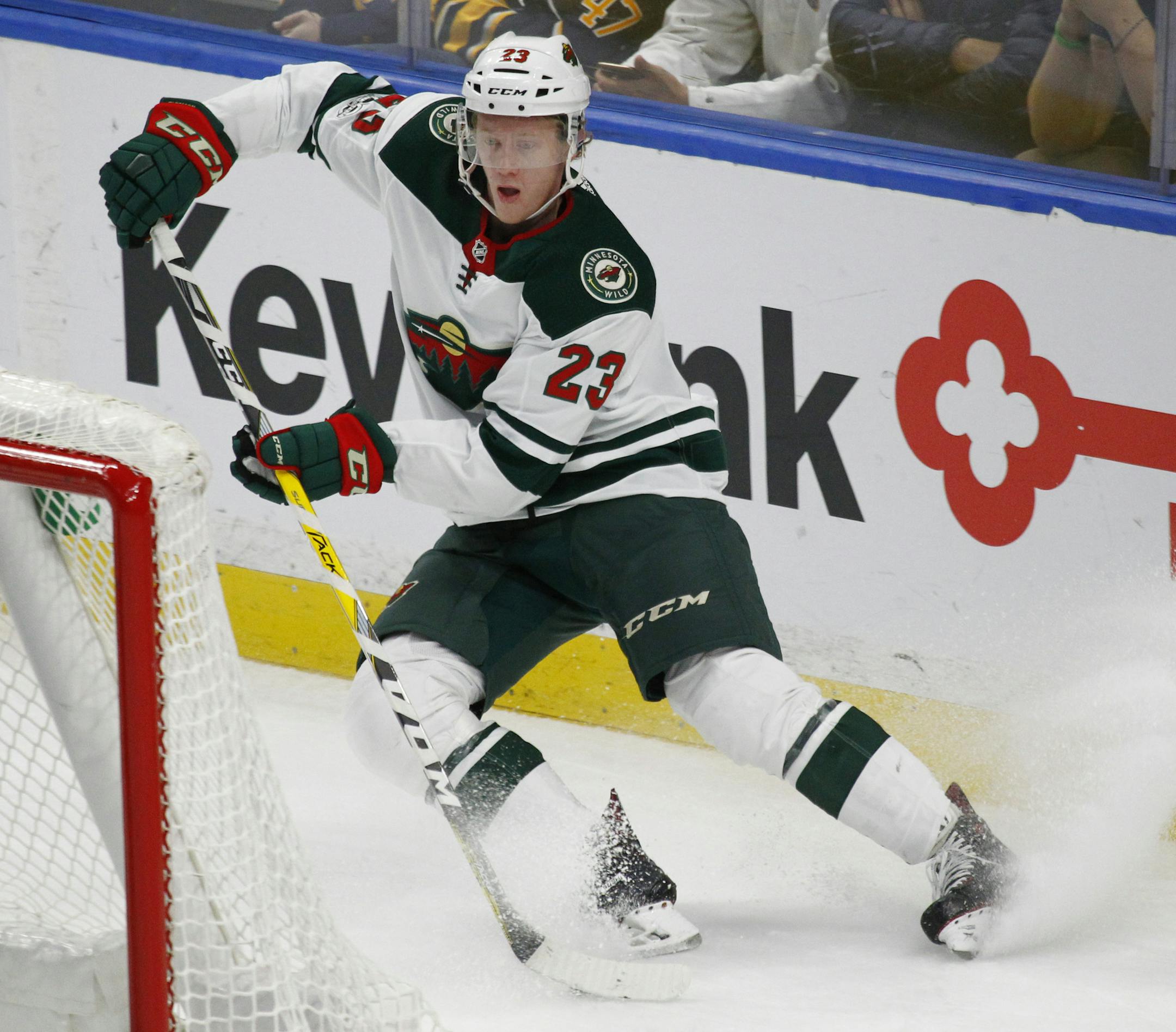 Minnesota Wild defenseman Gustav Olofsson skates behind the net during the third period of an NHL hockey game against the Buffalo Sabres, Wednesday Nov. 22, 2017, in Buffalo, N.Y. (AP Photo/Jeffrey T. Barnes)